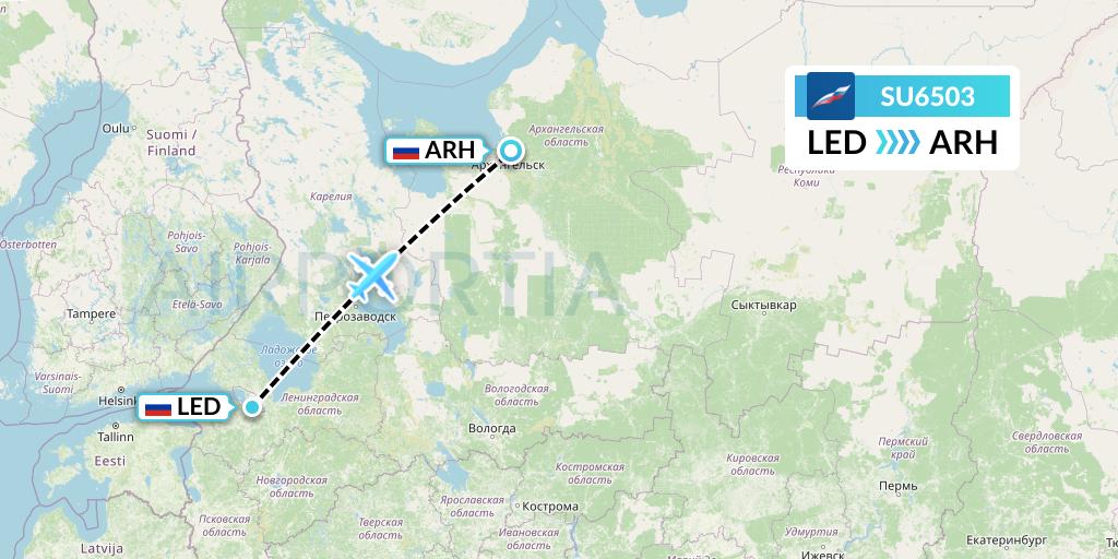 SU6503 Aeroflot Flight Map: St. Petersburg to Arkhangelsk