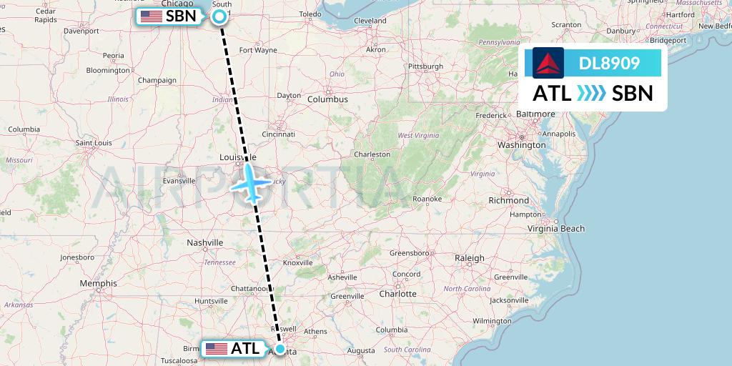 DL8909 Delta Air Lines Flight Map: Atlanta to South Bend