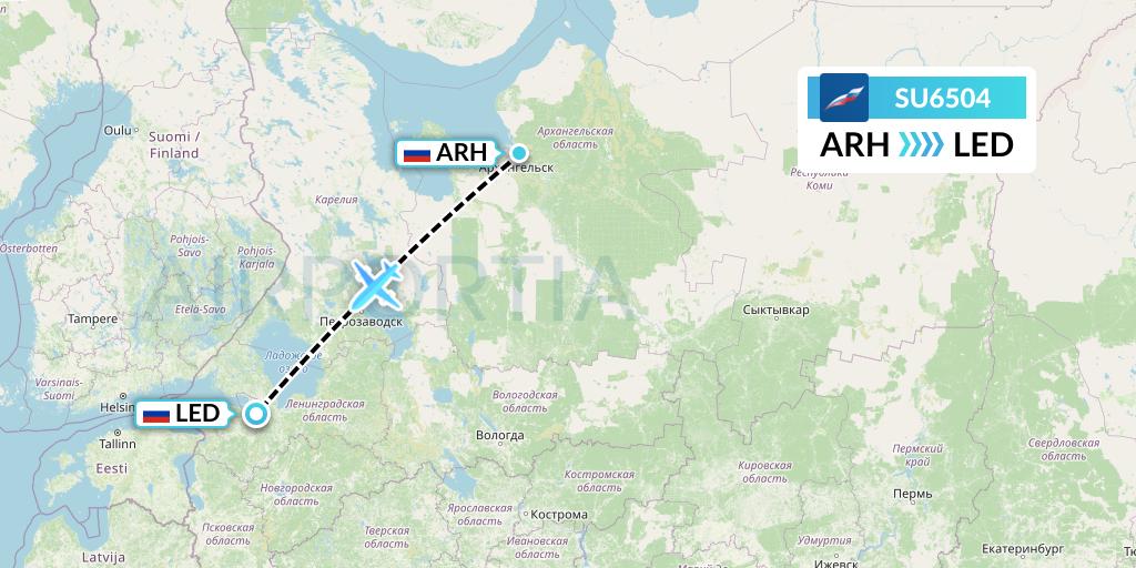 SU6504 Aeroflot Flight Map: Arkhangelsk to St. Petersburg