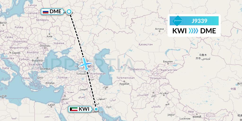 J9339 Jazeera Airways Flight Map: Kuwait City to Moscow