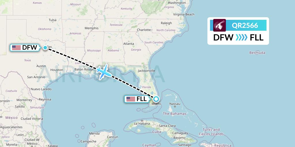 QR2566 Qatar Airways Flight Map: Dallas to Fort Lauderdale