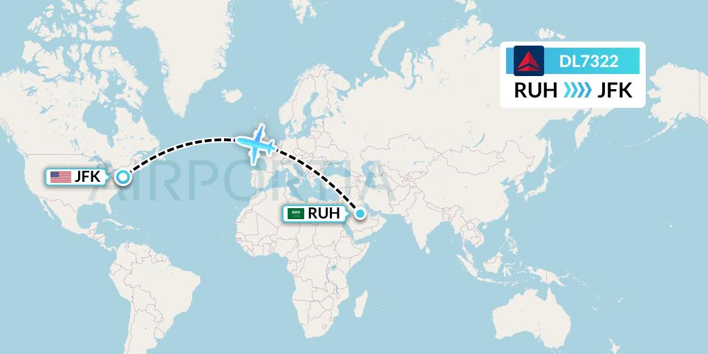 DL7322 Delta Air Lines Flight Map: Riyadh to New York