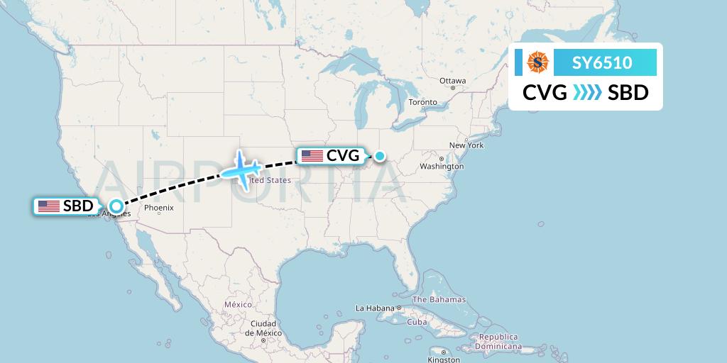 SY6510 Sun Country Airlines Flight Map: Cincinnati to San Bernardino