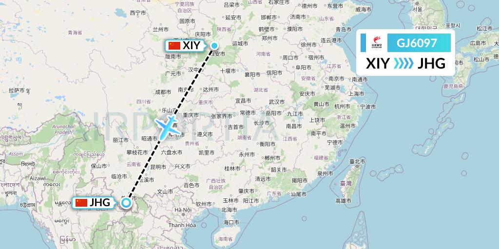 GJ6097 Loong Airlines Flight Map: Xi'an to Jinghong