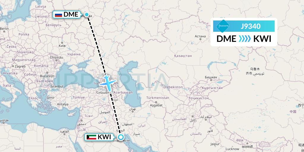 J9340 Jazeera Airways Flight Map: Moscow to Kuwait City