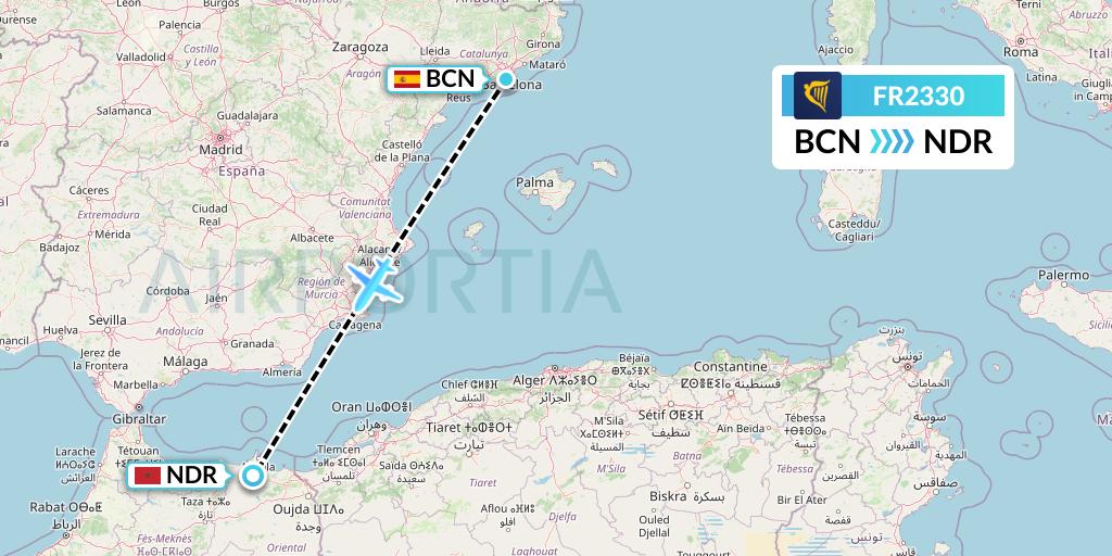 FR2330 Ryanair Flight Map: Barcelona to Nador