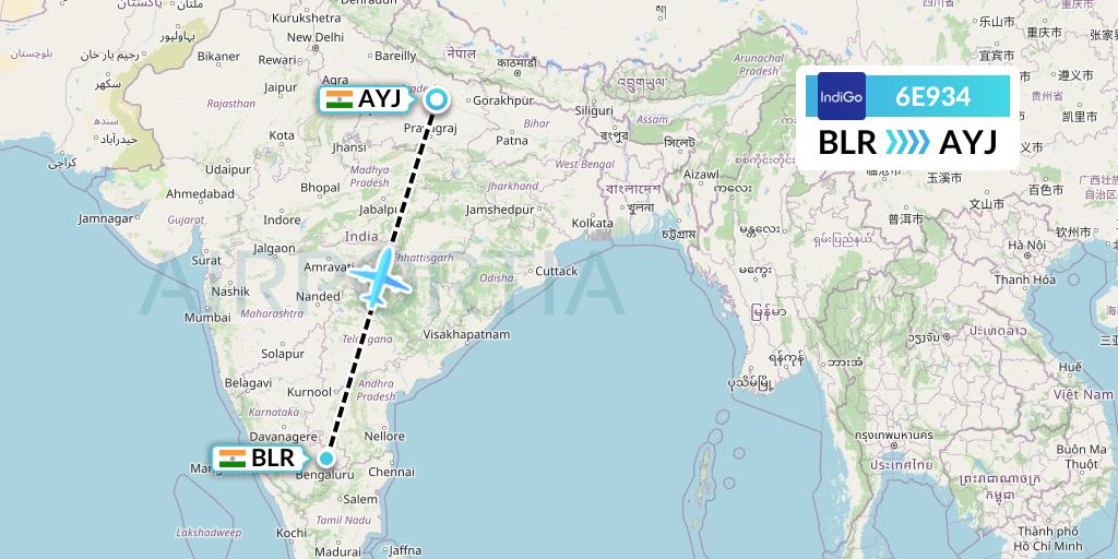 6E934 IndiGo Airlines Flight Map: Bangalore to Lucknow