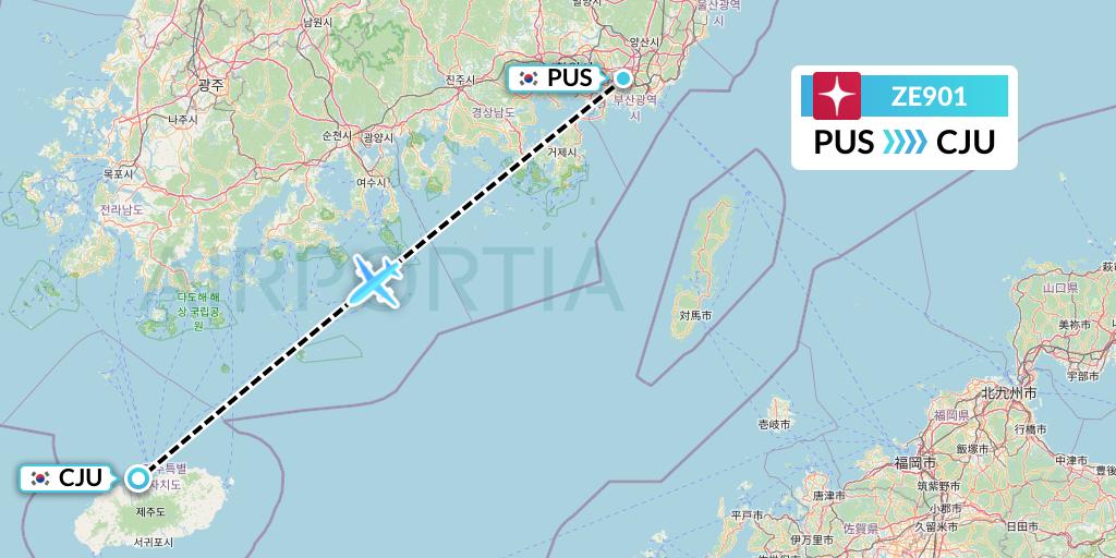ZE901 Eastar Jet Flight Map: Busan to Jeju
