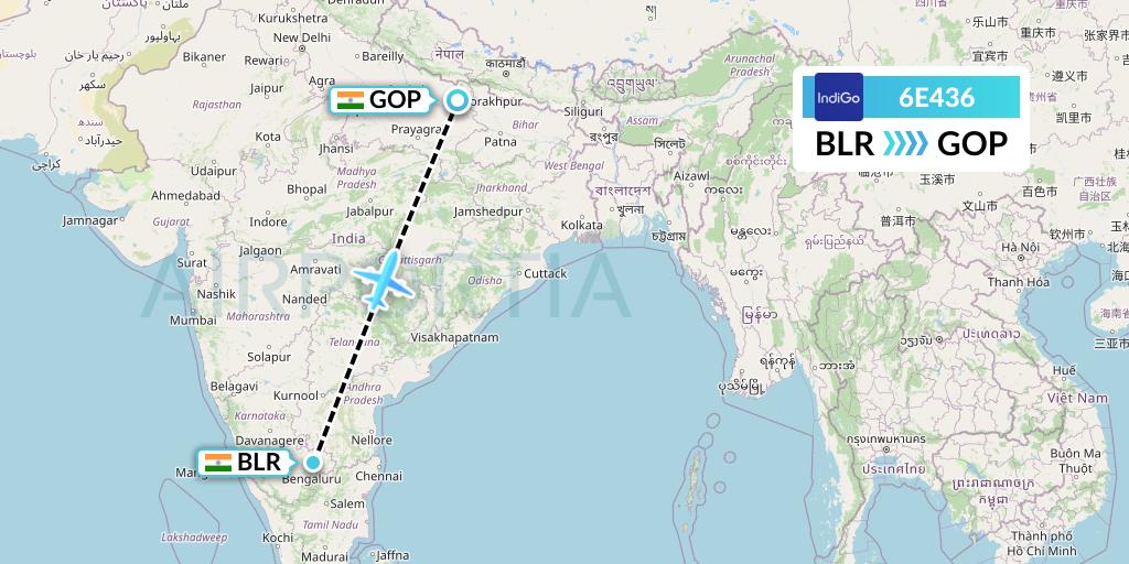 6E436 IndiGo Airlines Flight Map: Bangalore to Gorakhpur