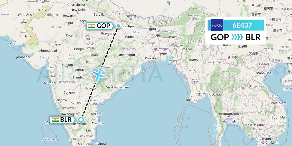 6E437 IndiGo Airlines Flight Map: Gorakhpur to Bangalore