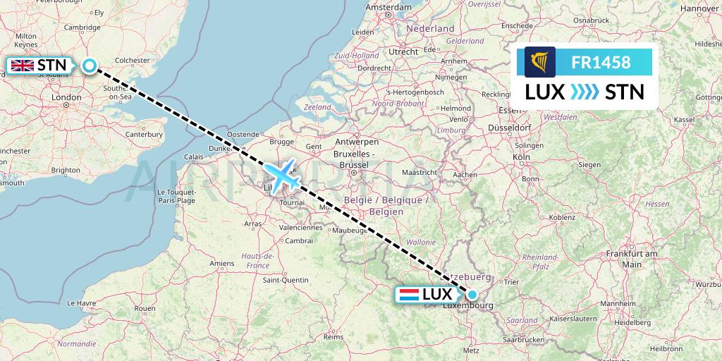 FR1458 Ryanair Flight Map: Luxembourg to London