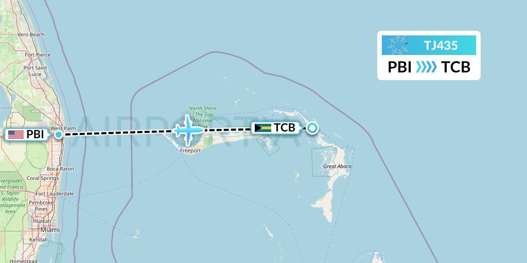 TJ435 Tradewind Aviation Flight Map: West Palm Beach to Treasure Cay
