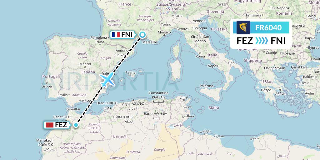 FR6040 Ryanair Flight Map: Fes to Nimes