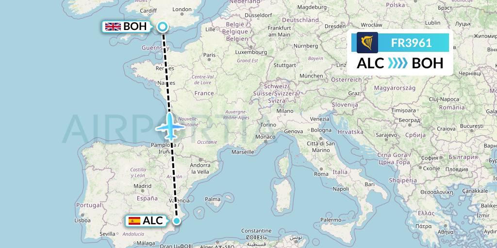 FR3961 Ryanair Flight Map: Alicante to Bournemouth