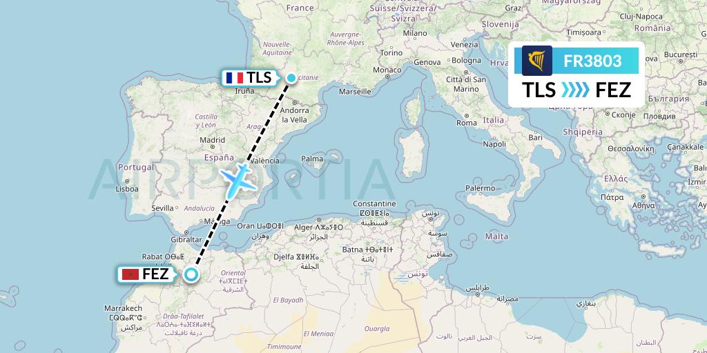 FR3803 Ryanair Flight Map: Toulouse to Fes