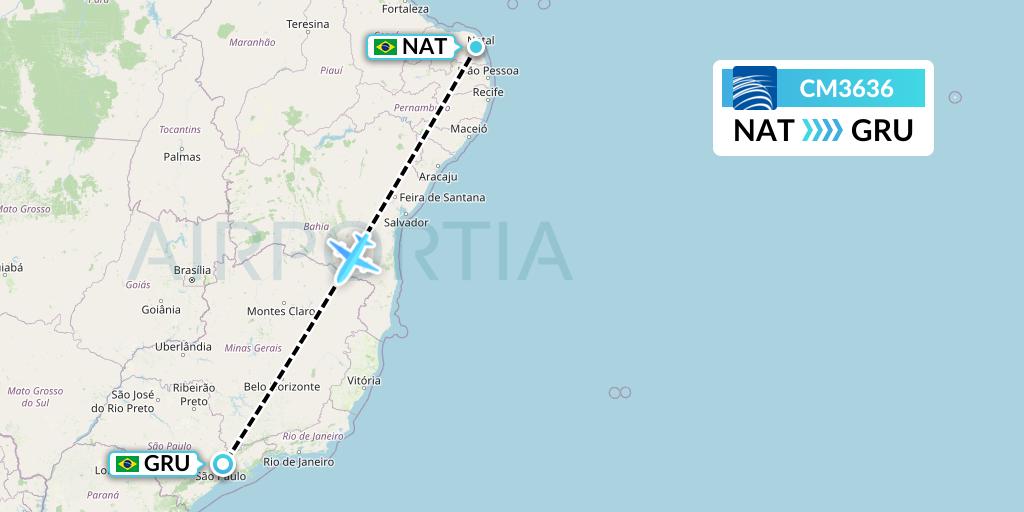 CM3636 Copa Airlines Flight Map: Natal to Sao Paulo
