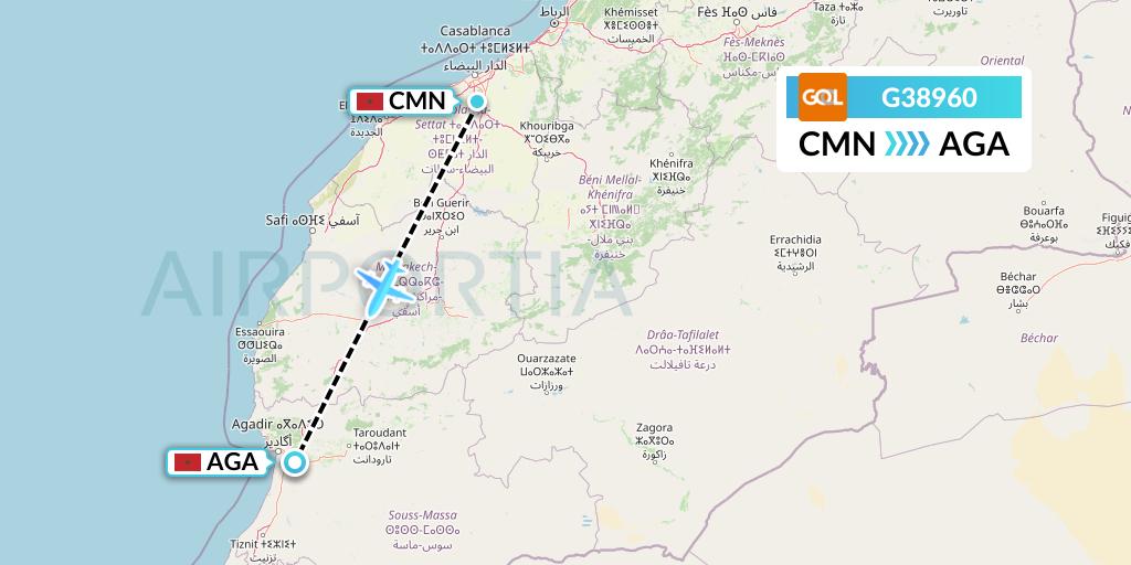 G38960 GOL Transportes Aeros Flight Map: Casablanca to Agadir