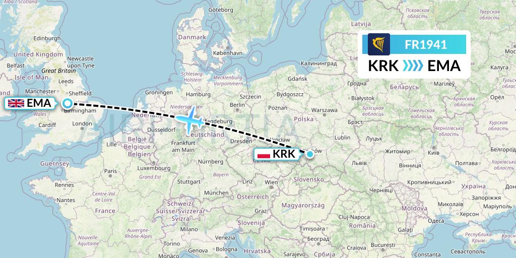 FR1941 Ryanair Flight Map: Krakow to East Midlands