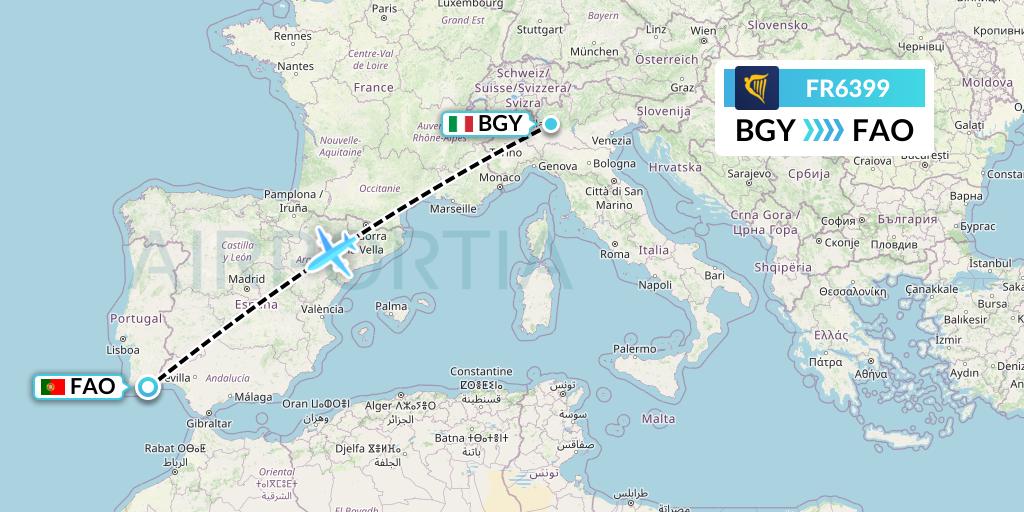 FR6399 Ryanair Flight Map: Milan to Faro