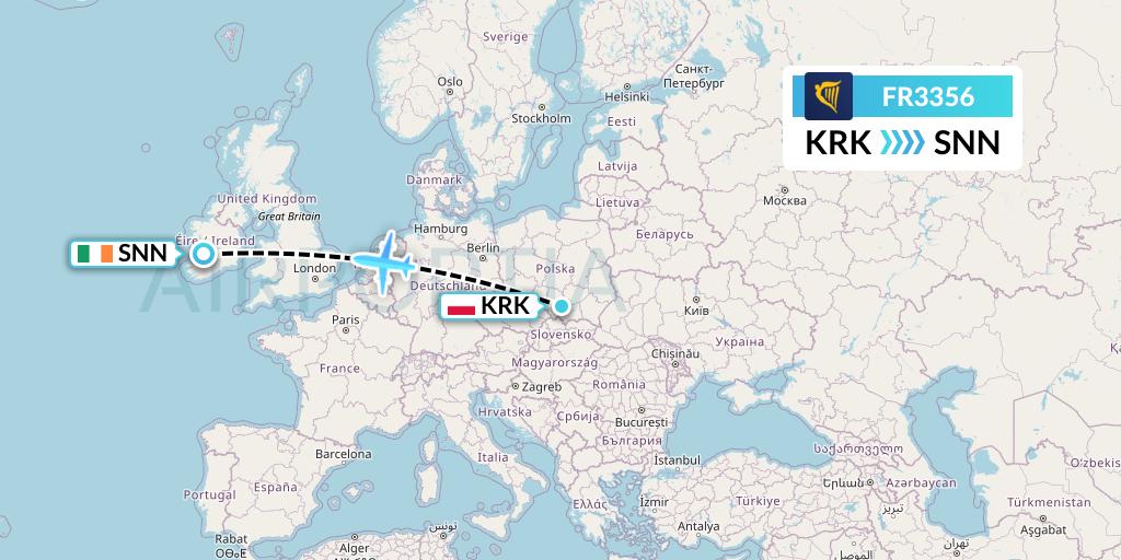 FR3356 Ryanair Flight Map: Krakow to Shannon