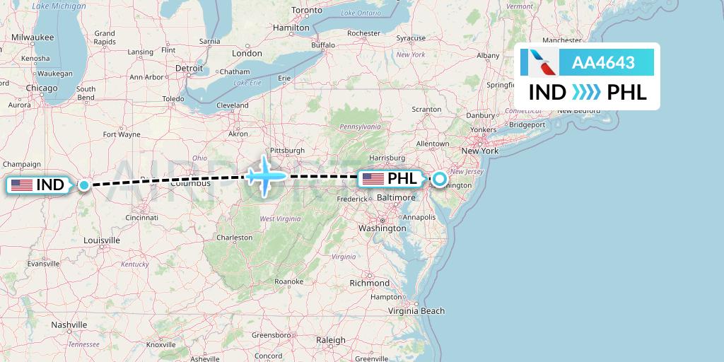 AA4643 American Airlines Flight Map: Indianapolis to Philadelphia