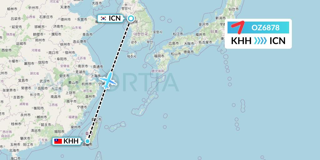 OZ6878 Asiana Airlines Flight Map: Kaohsiung to Seoul