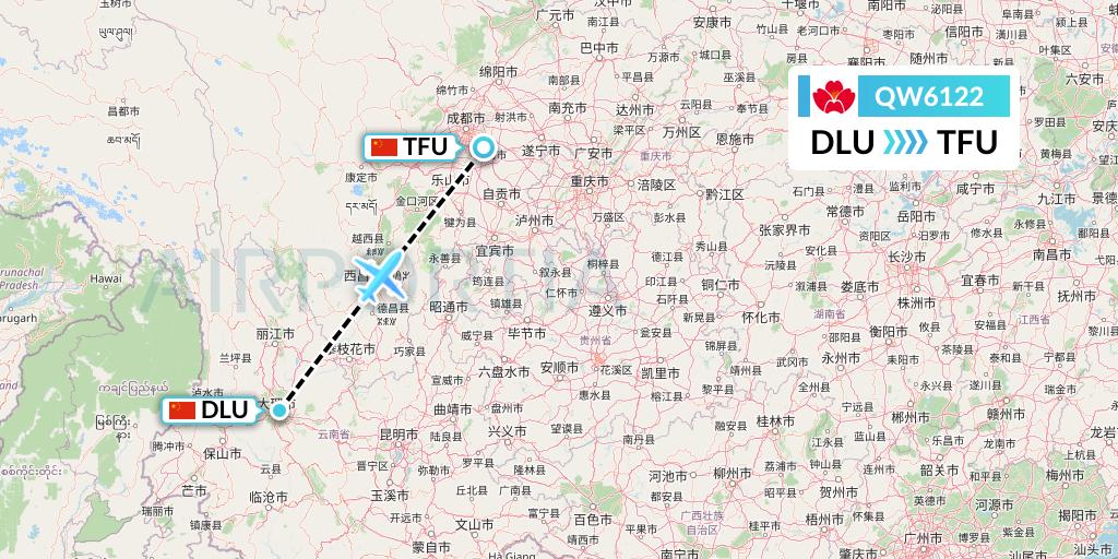 QW6122 Qingdao Airlines Flight Map: Dali to Chengdu