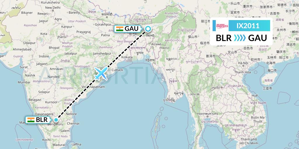 IX2011 Air India Express Flight Map: Bangalore to Guwahati