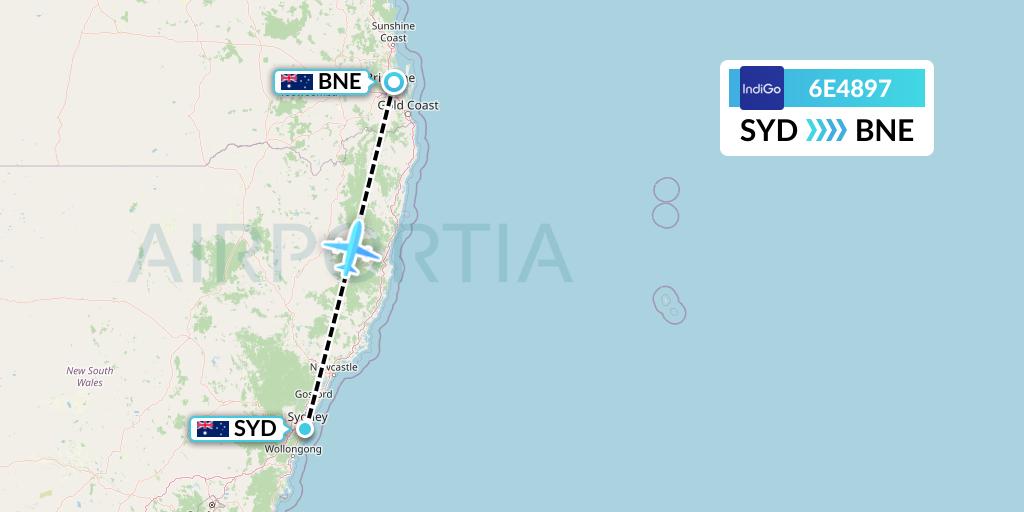 6E4897 IndiGo Airlines Flight Map: Sydney to Brisbane