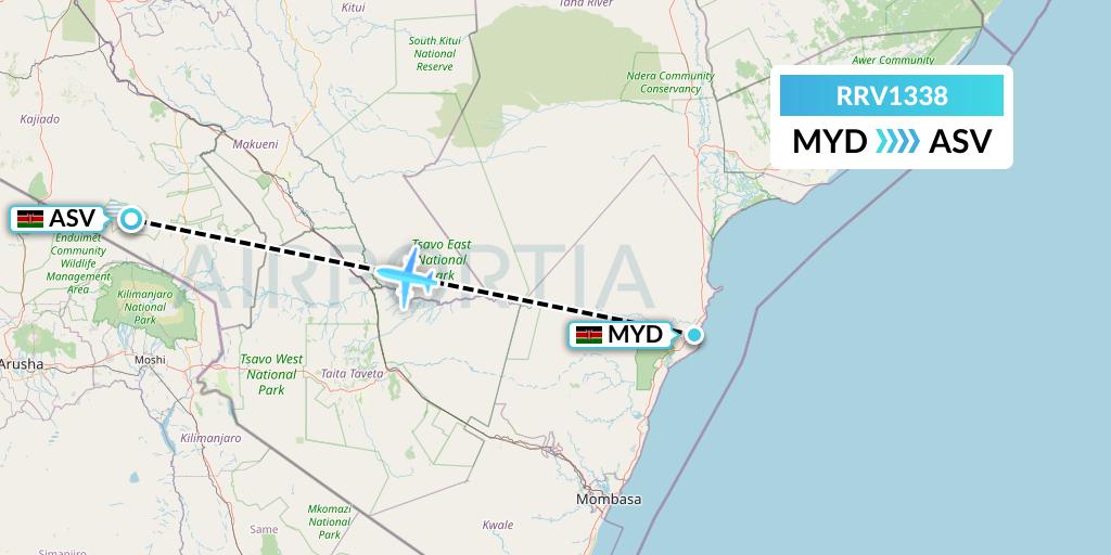 RRV1338 Mombasa Air Safari Flight Map: Malindi to Amboseli National Park