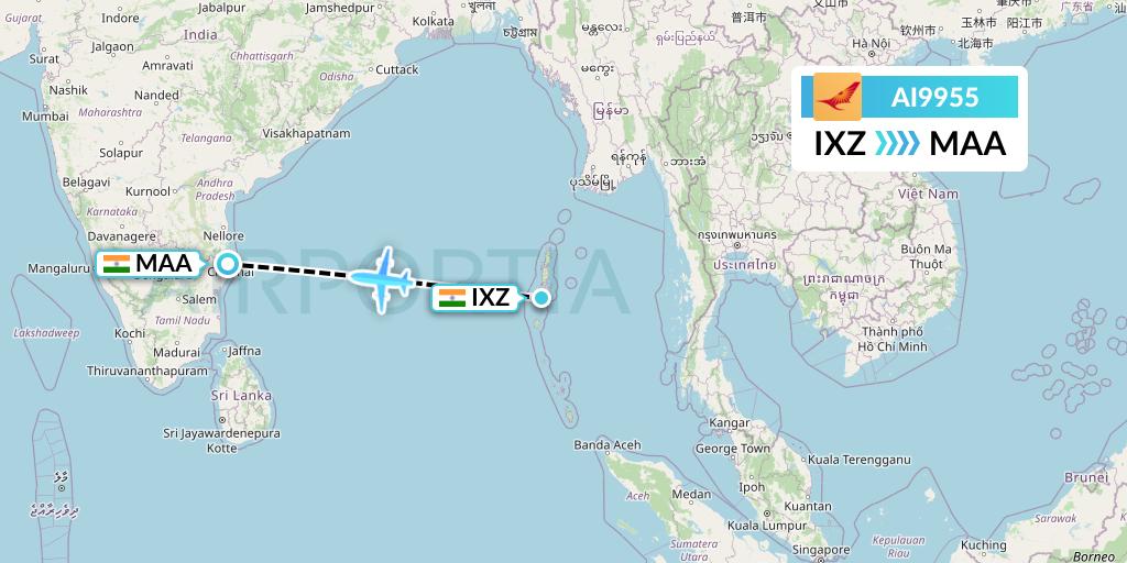 AI9955 Air India Flight Map: Port Blair to Chennai