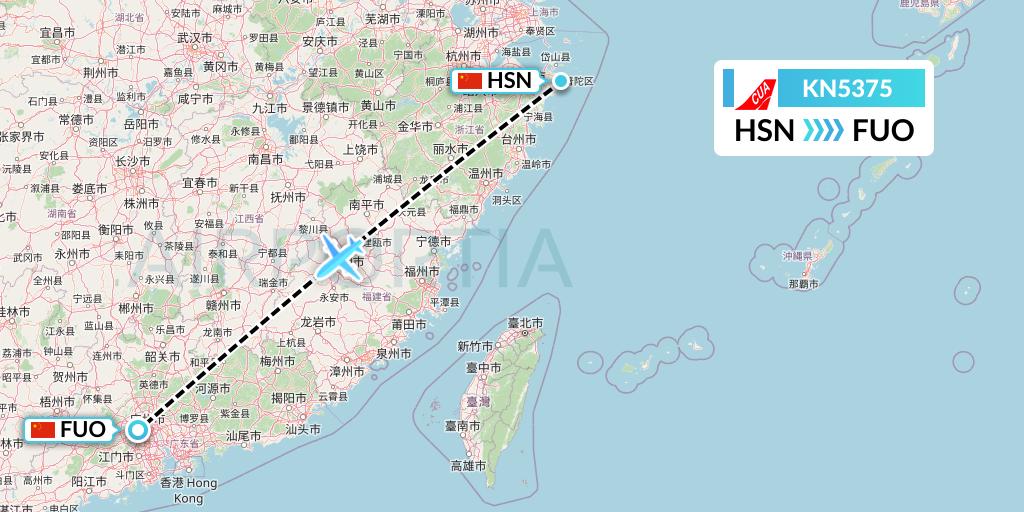 KN5375 China United Airlines Flight Map: Zhoushan to Foshan