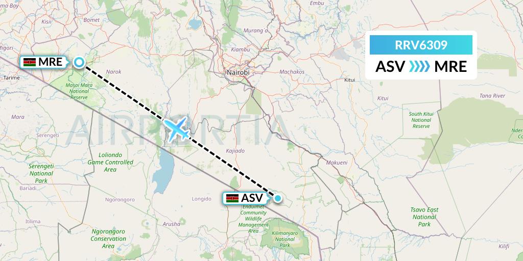 RRV6309 Mombasa Air Safari Flight Map: Amboseli National Park to Mara Lodges