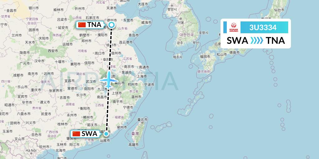 3U3334 Sichuan Airlines Flight Map: Jieyang to Jinan
