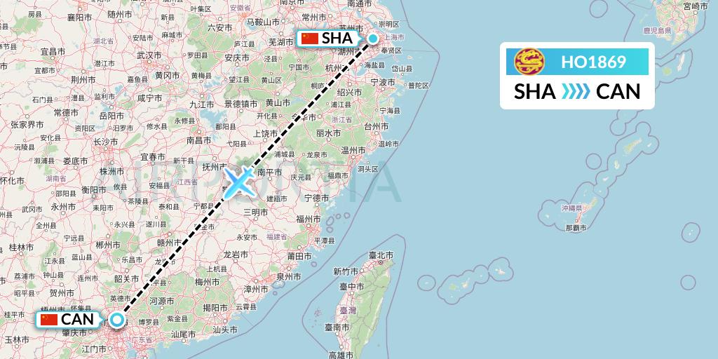 HO1869 Juneyao Airlines Flight Map: Shanghai to Guangzhou