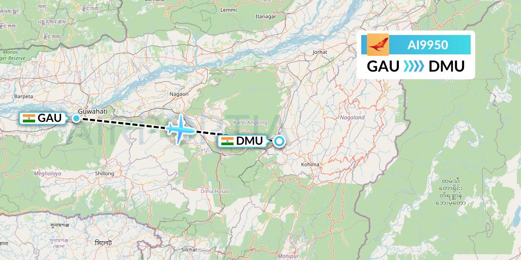 AI9950 Air India Flight Map: Guwahati to Dimapur