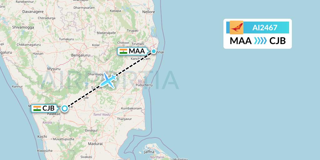 AI2467 Air India Flight Map: Chennai to Coimbatore