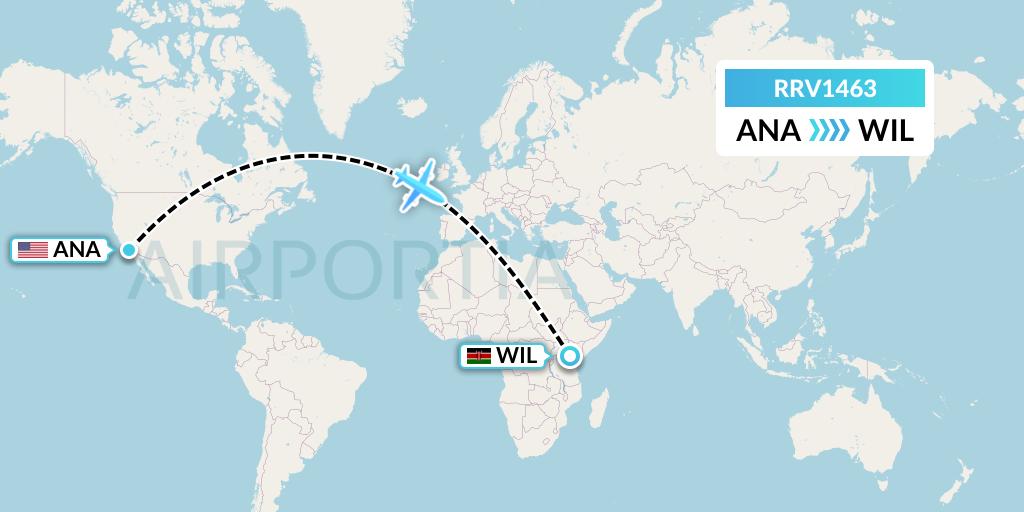 RRV1463 Mombasa Air Safari Flight Map: Anaheim to Nairobi