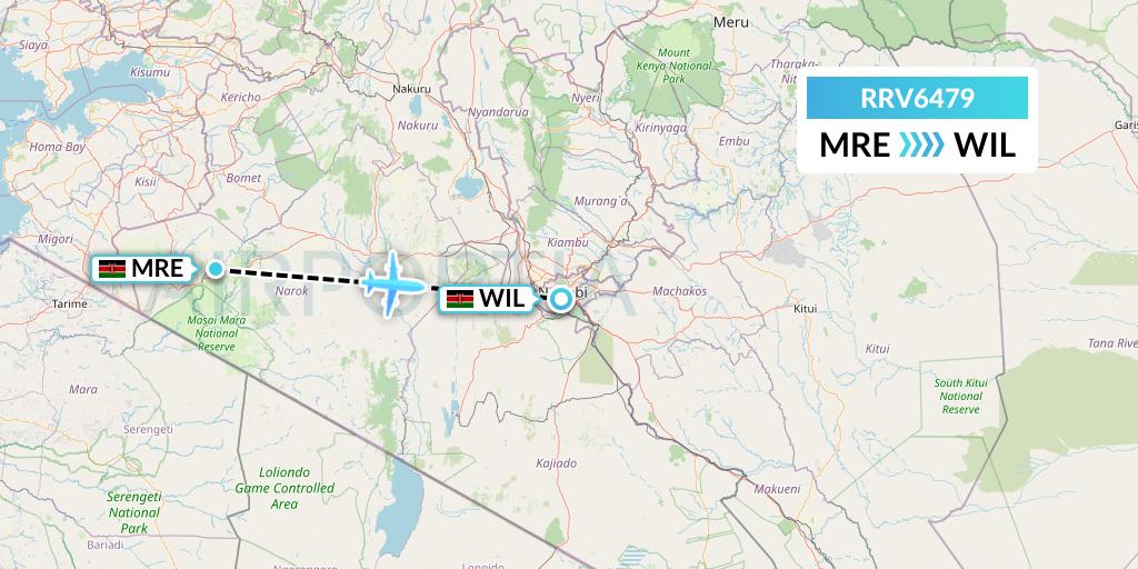 RRV6479 Mombasa Air Safari Flight Map: Mara Lodges to Nairobi