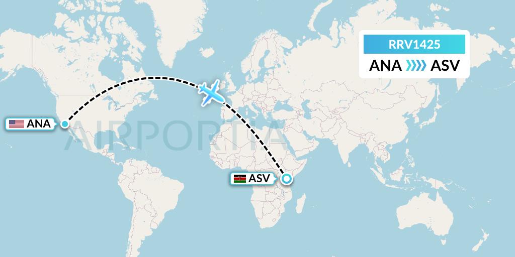 RRV1425 Mombasa Air Safari Flight Map: Anaheim to Amboseli National Park