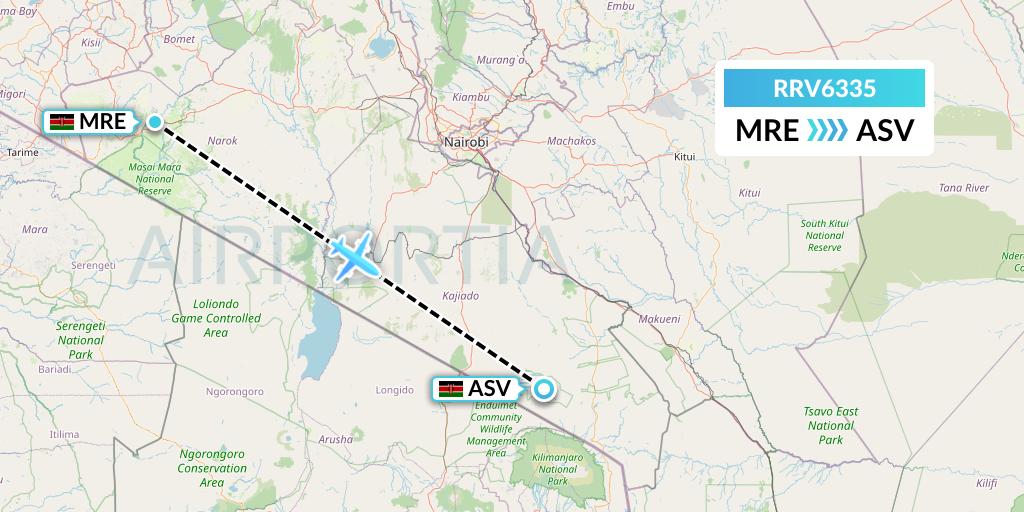RRV6335 Mombasa Air Safari Flight Map: Mara Lodges to Amboseli National Park