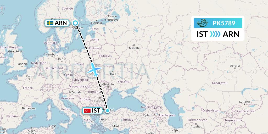 PK5789 Pakistan International Airlines Flight Map: Istanbul to Stockholm