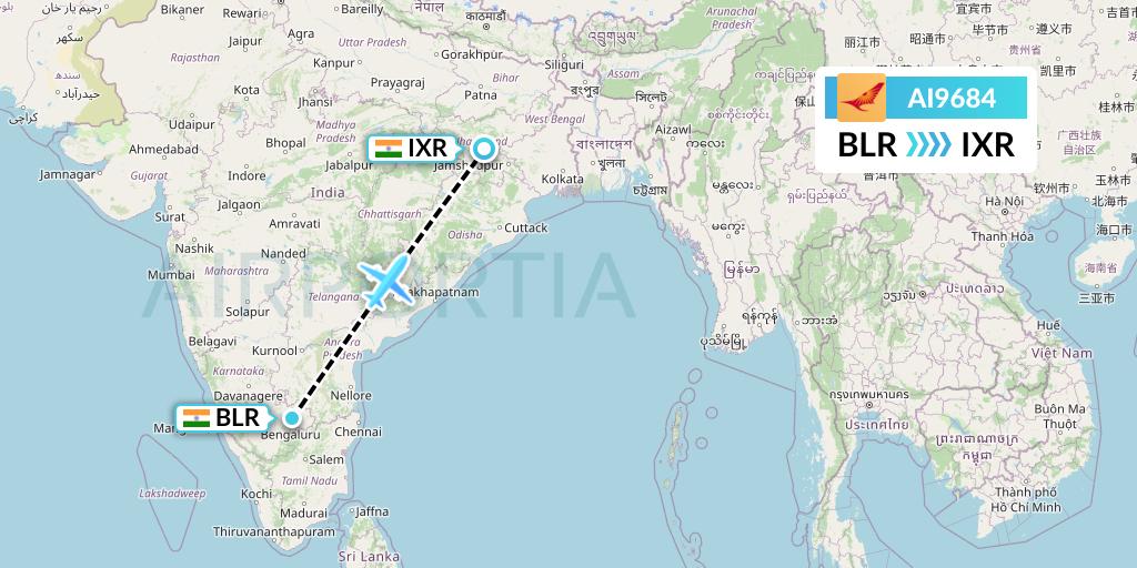 AI9684 Air India Flight Map: Bangalore to Ranchi