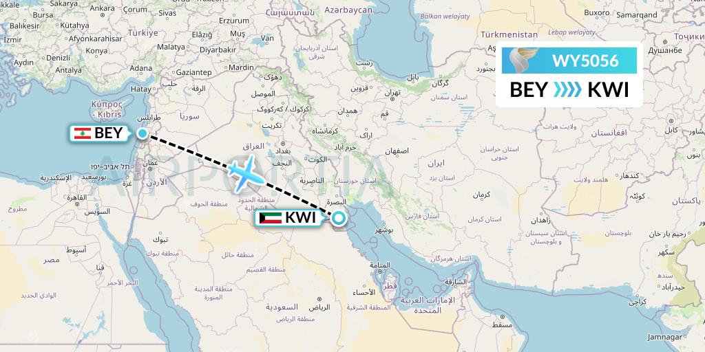 WY5056 Oman Air Flight Map: Beirut to Kuwait City
