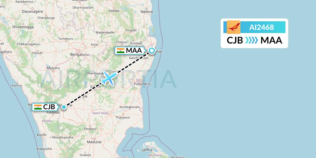 AI2468 Air India Flight Map: Coimbatore to Chennai