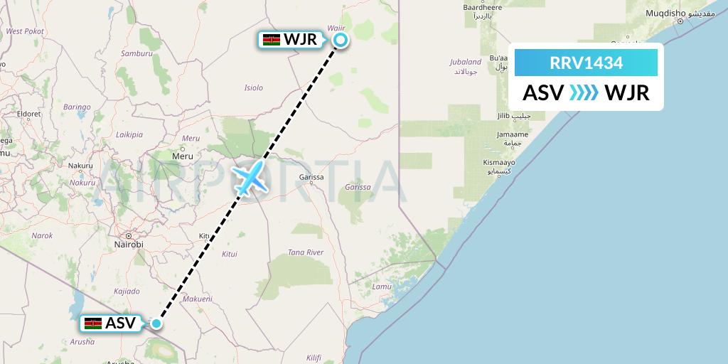 RRV1434 Mombasa Air Safari Flight Map: Amboseli National Park to Wajir