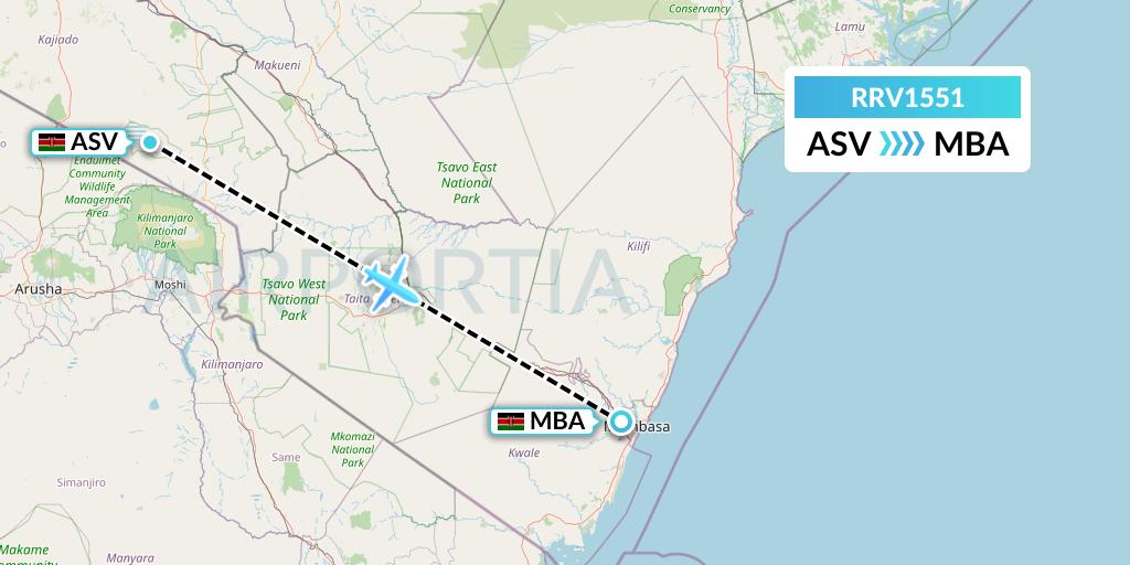RRV1551 Mombasa Air Safari Flight Map: Amboseli National Park to Mombasa