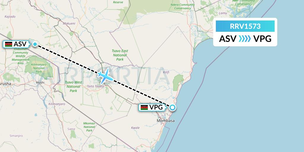 RRV1573 Mombasa Air Safari Flight Map: Amboseli National Park to Mombasa