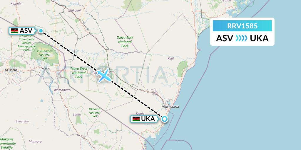 RRV1585 Mombasa Air Safari Flight Map: Amboseli National Park to Ukunda
