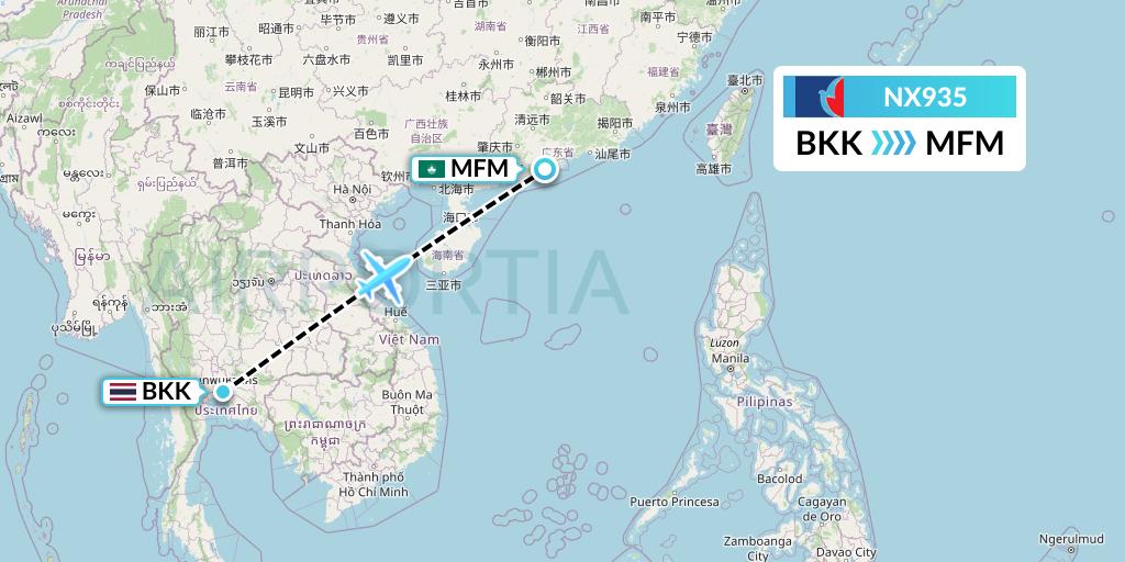 NX935 Air Macau Flight Map: Bangkok to Macau